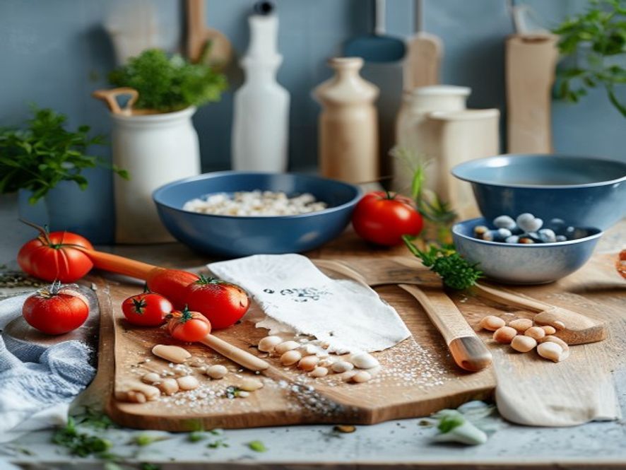 Ruokavalmisteluiden apuvälineet ja ingredienssi pöydällä